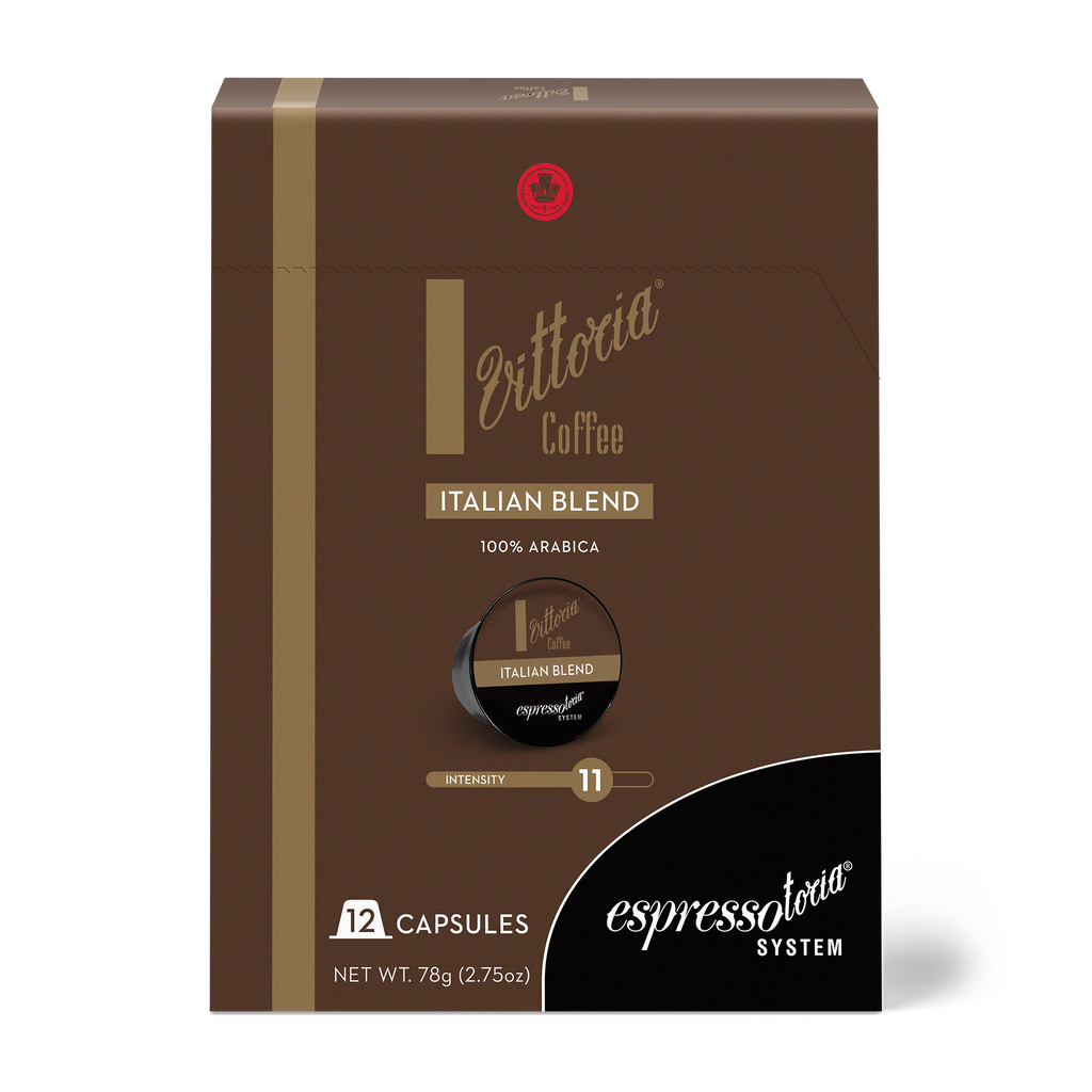 Espressotoria coffee machine front view with Vittoria capsules nearby