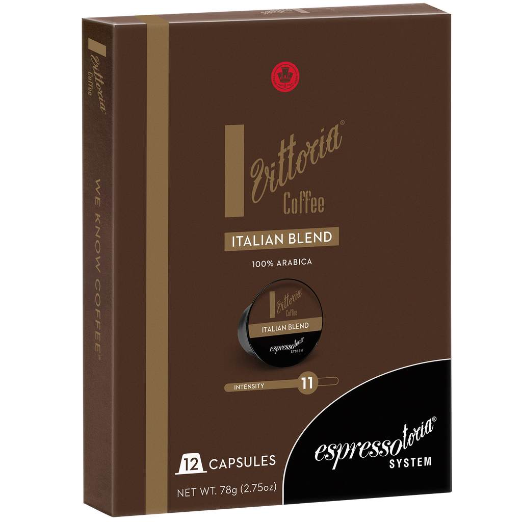 Italian Capsules in side view, 12-pack of Espressotoria compatible capsules