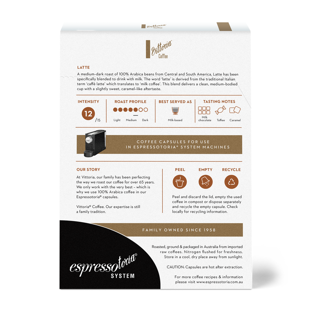 Latte Capsules in packaging, back view showing label details