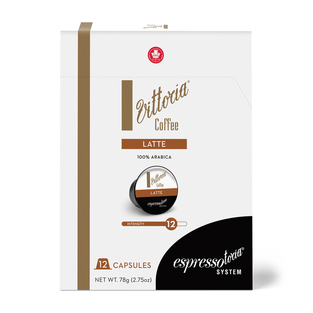 Front view of Vittoria Latte capsules in 12-pack box
