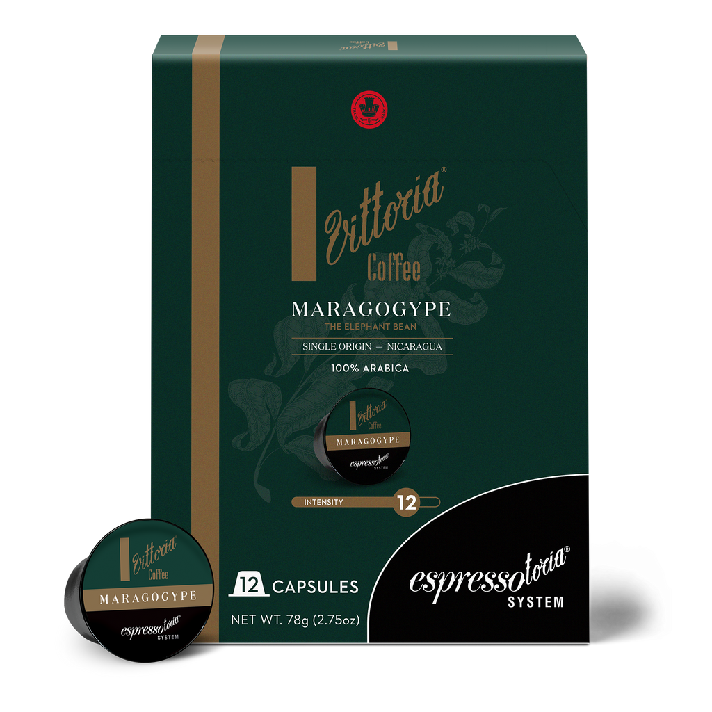 Maragogype capsules in front view, 12-pack box with Espressotoria compatibility label