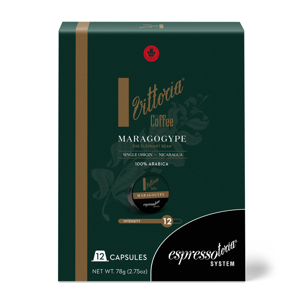 Maragogype capsules in front view, 12-pack box with Espressotoria compatibility label