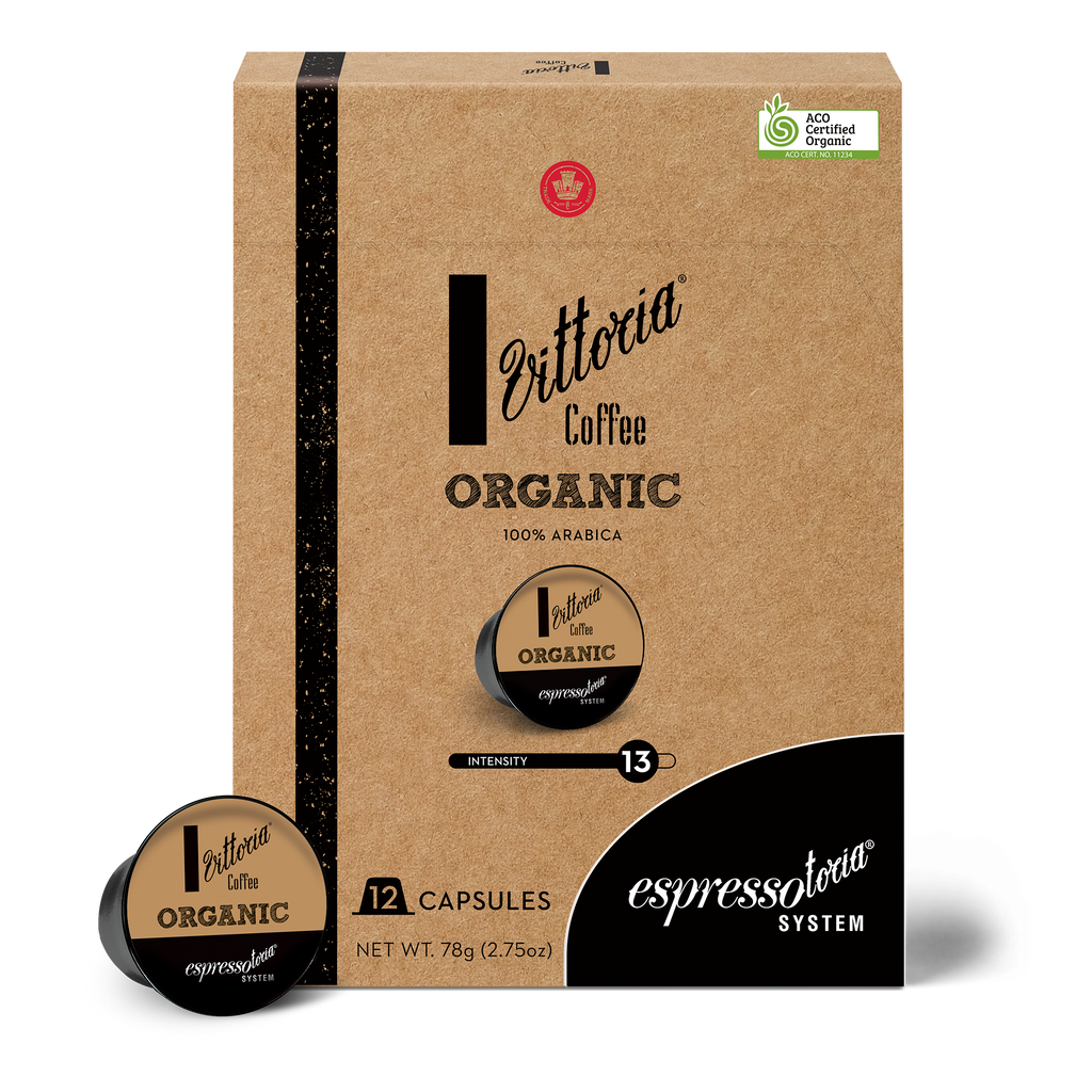 Front view of Espressotoria Organic Espresso capsules in packaging