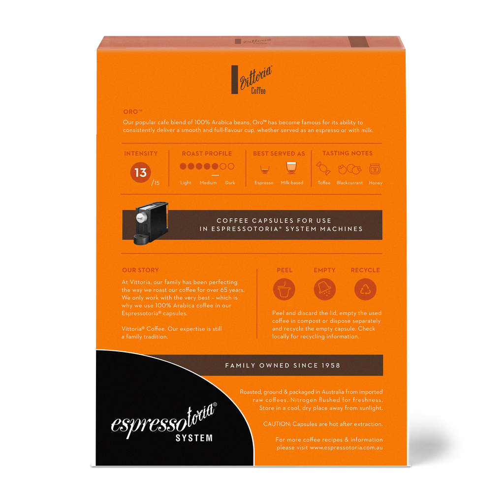 Oro Capsules in a 12 pack, back view with Espressotoria compatibility label