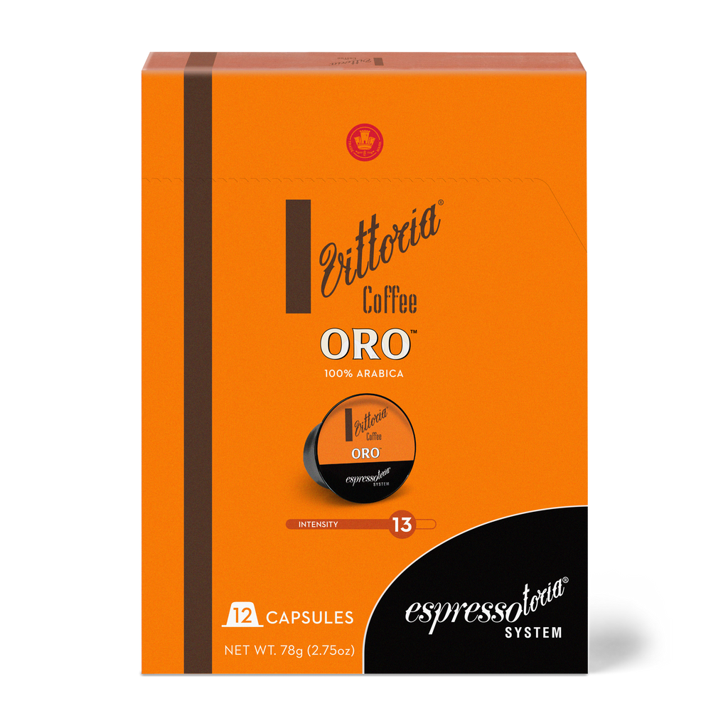Front view of Oro Capsules in packaging, showing 12-pack of Espressotoria compatible capsules