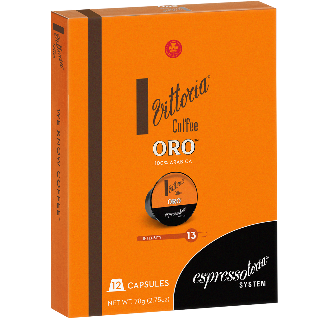 Oro Capsules in side view, 12-pack box with capsules visible