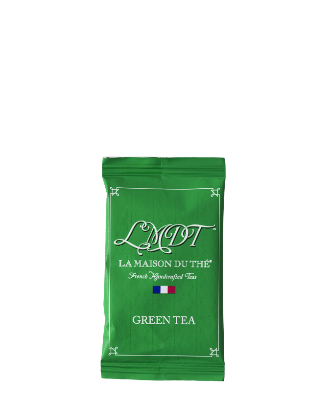 Green tea packets in a collection, front view, with LMDT branding