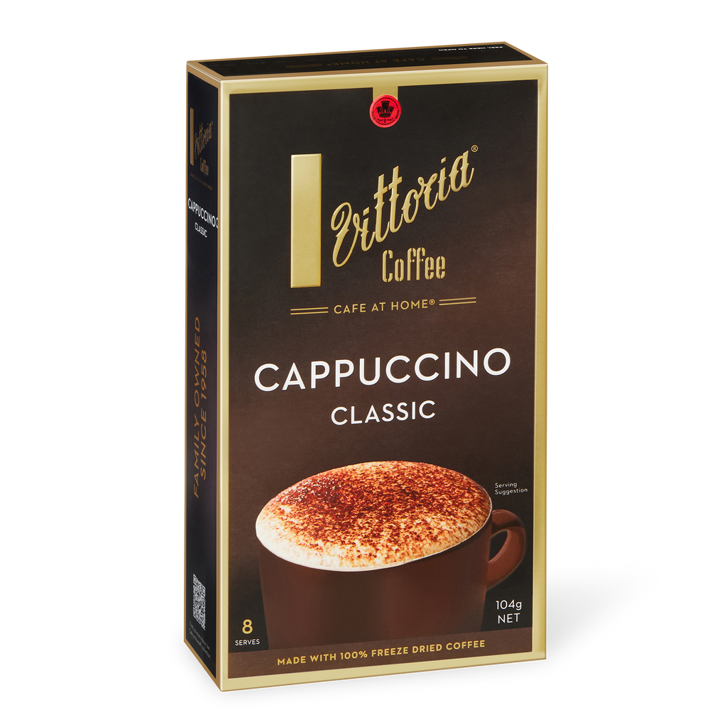 Cappuccino Classic Coffee Sachets, front view of 3-in-1 coffee sachet packets