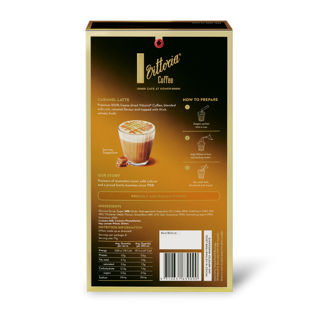 Caramel Latte Coffee Sachets in 3-in-1 packaging