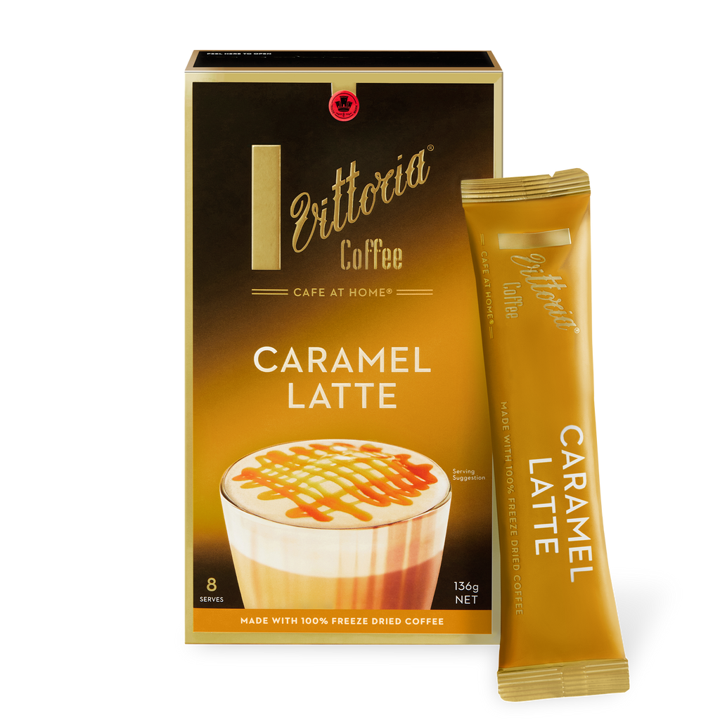 Caramel Latte Coffee Sachets, front view of single serving sachet