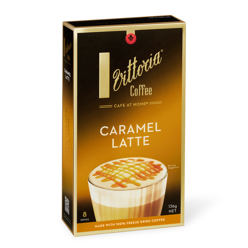 Caramel Latte Coffee Sachets, front view, with 3-in-1 packaging