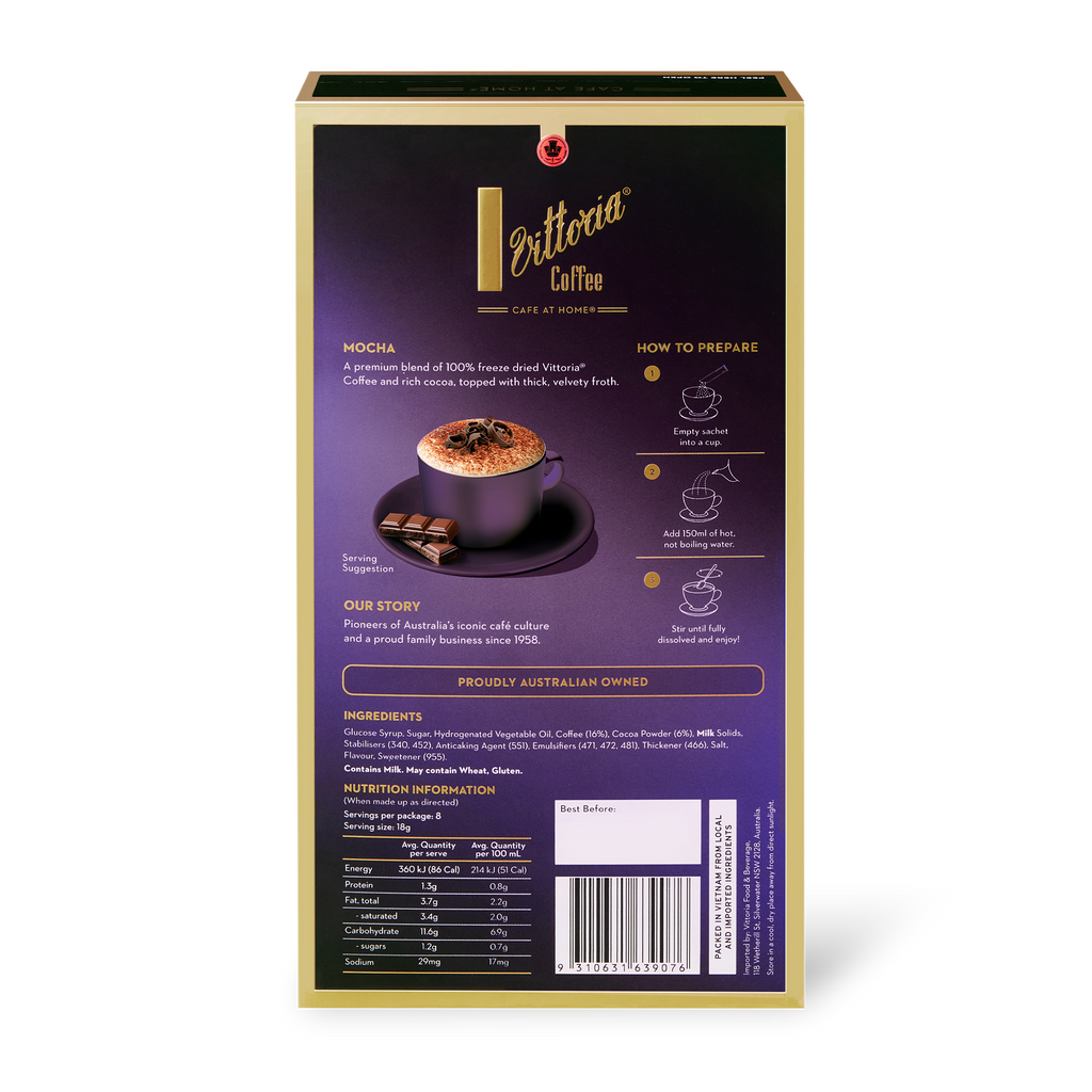 Mocha Coffee Sachets, front view of 3 in 1 sachet packets