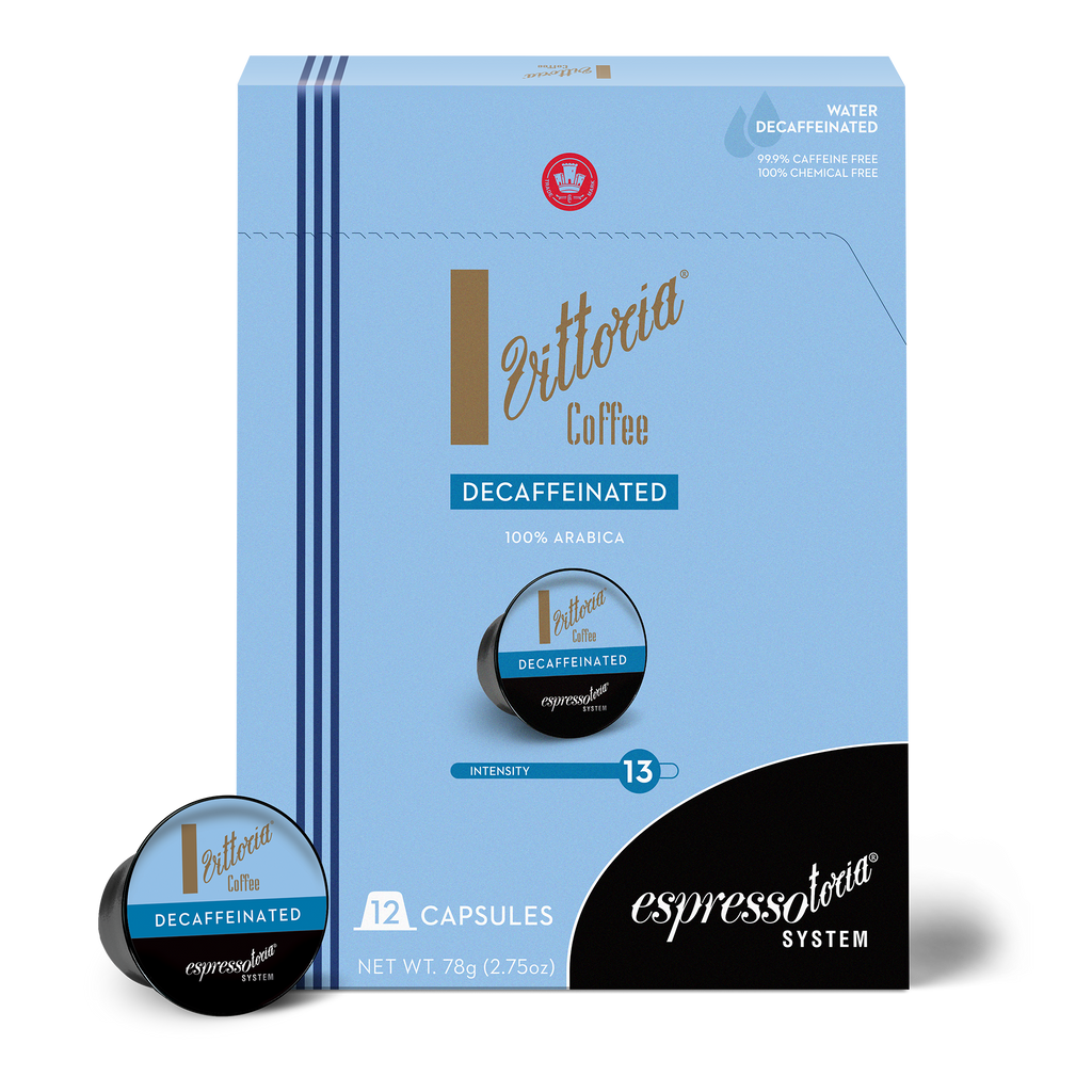 Decaffeinated Espressotoria capsules in front view, dark roasted blend