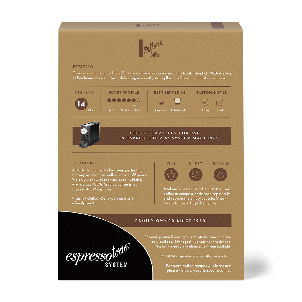 Vittoria Espresso Capsules, 12-pack, dark roasted Arabica coffee blend in capsules
