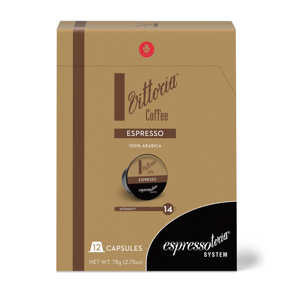 Vittoria Espresso Capsules in front view, 12-pack box with capsules visible