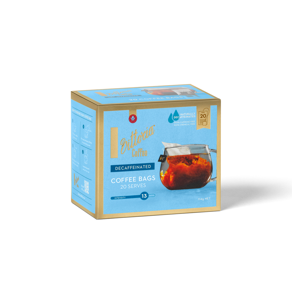 Decaffeinated Coffee Bags in 20-pack packaging, front view