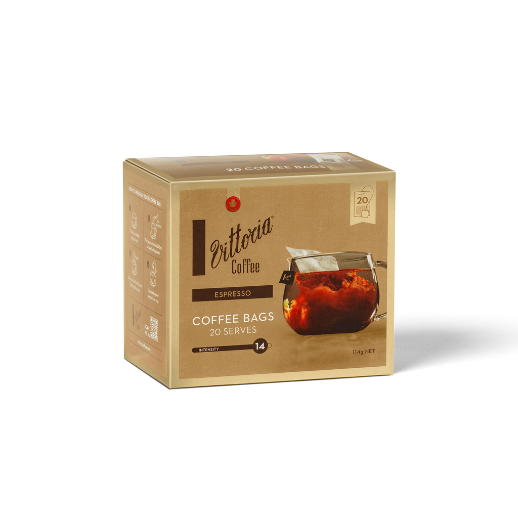 Espresso Coffee Bags 20-pack packaging, front view with dark roasted blend visible
