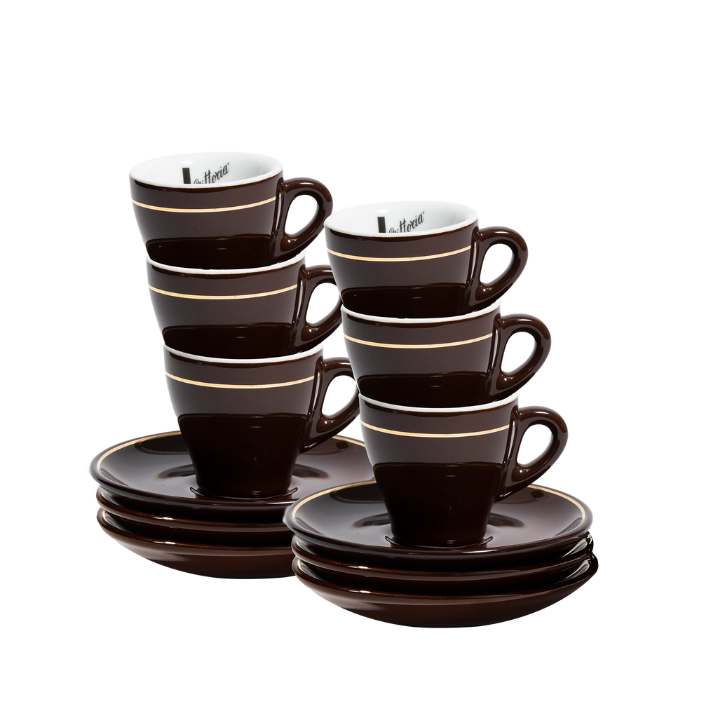 Brown Espresso cup and saucer with gold trim, side view