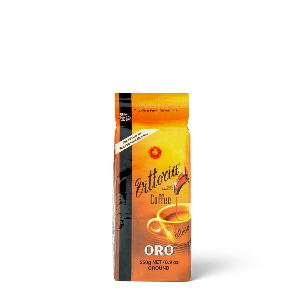 Oro Ground coffee in 250g vacuum packed bag, front view