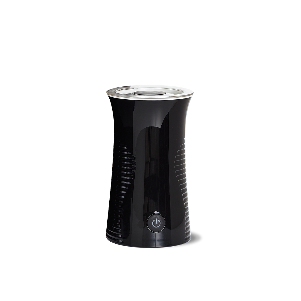Automatic Black Milk Frother at angle, showing sleek design
