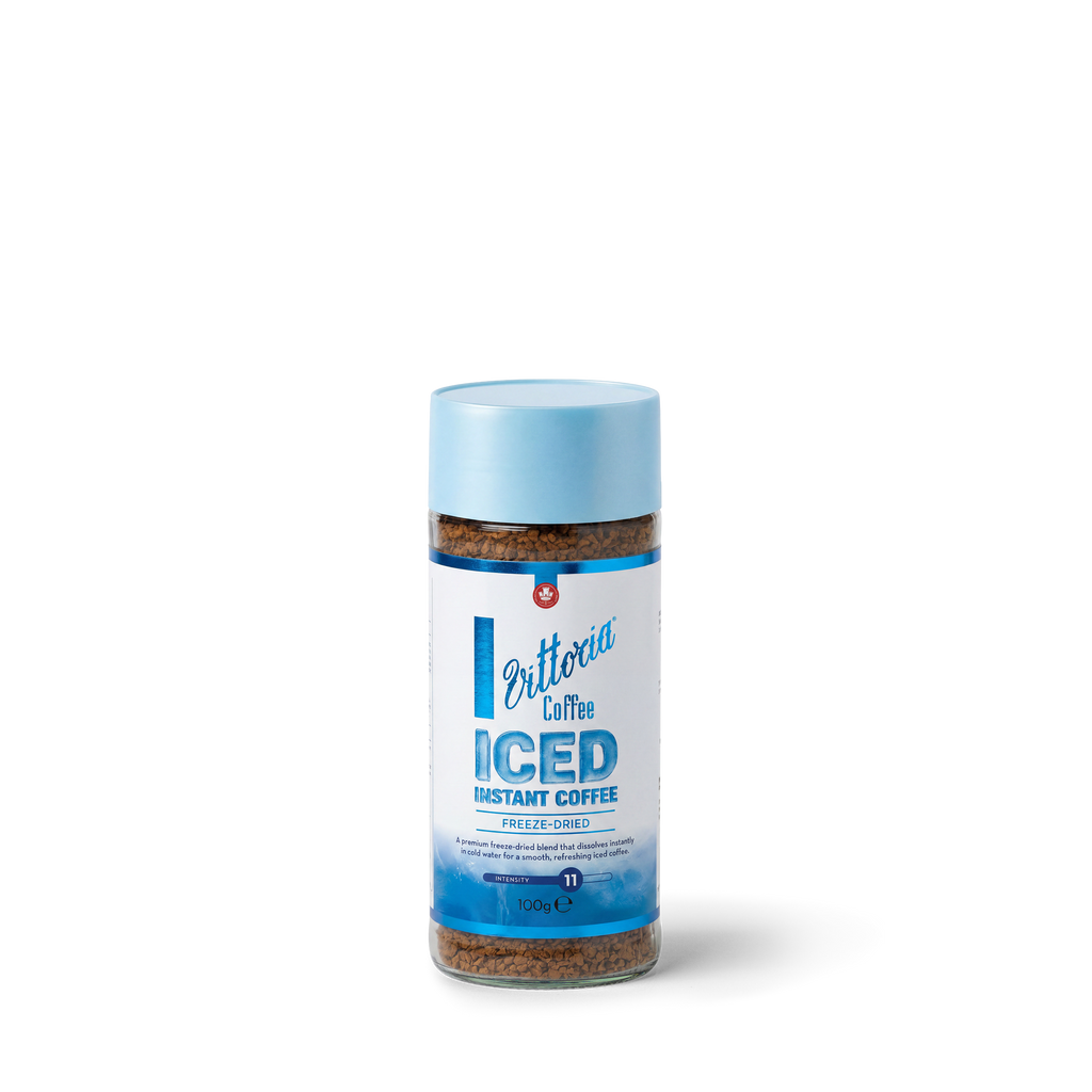 Mild instant iced coffee in a 100g container, front view