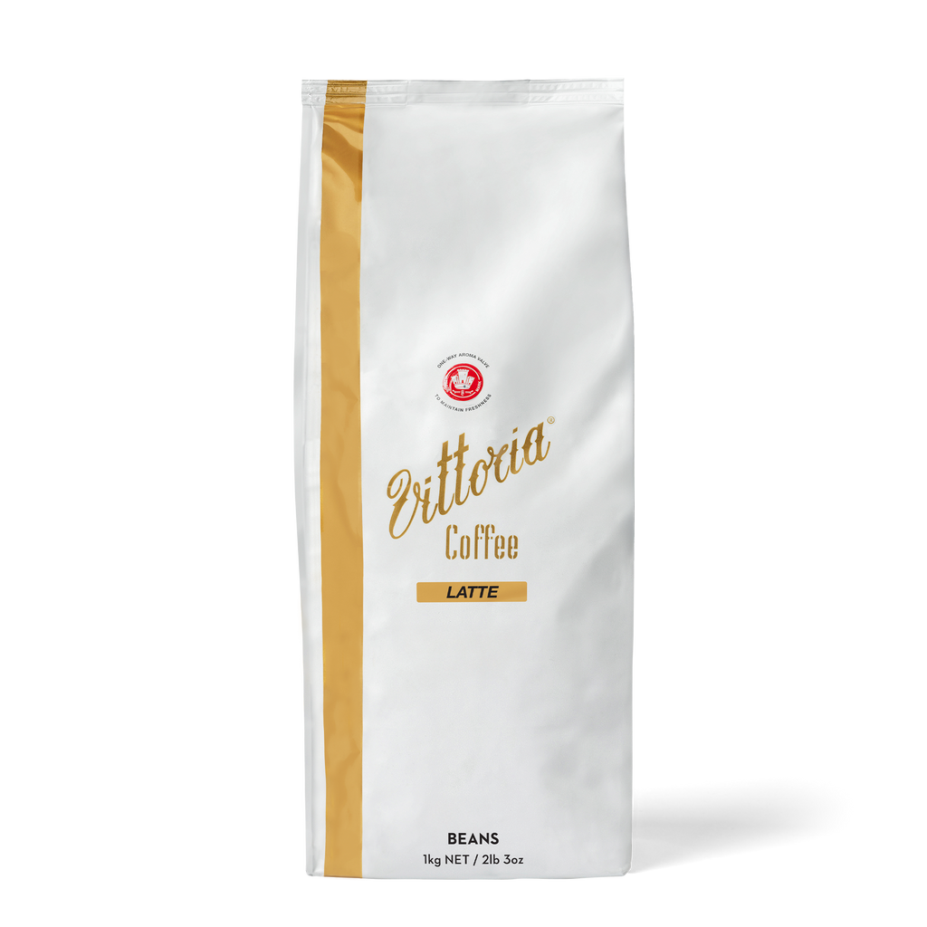 Latte Coffee Beans in 1kg retail bag, medium-dark roast beans visible
