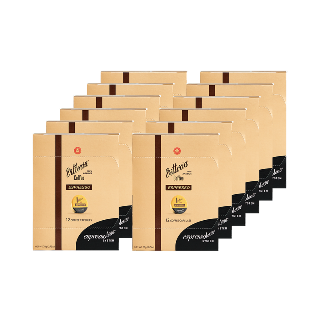 Espressotoria System Espresso Coffee Capsules in 12-pack boxes, front view with capsules visible